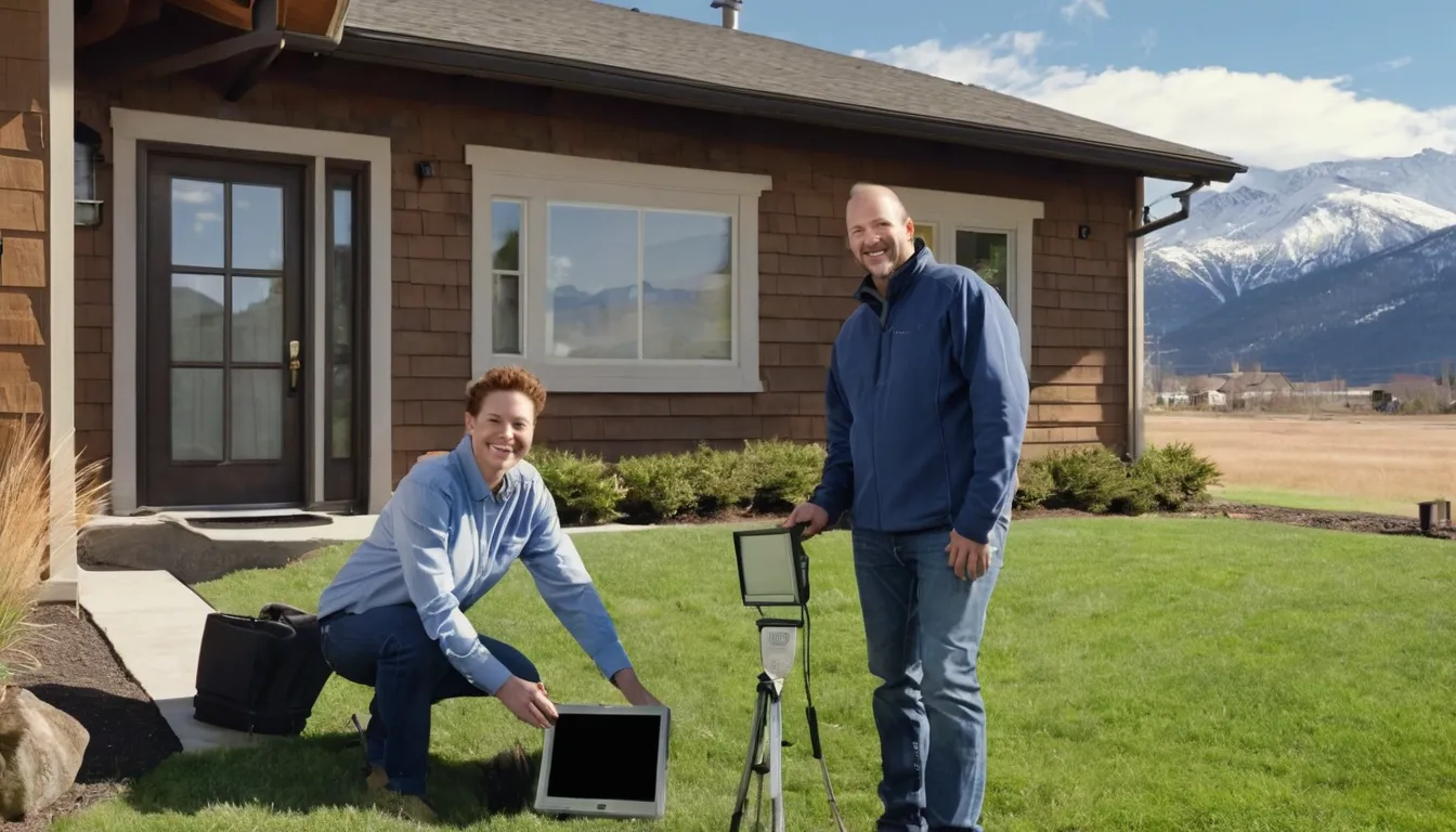 Friendly sewer line provider showing a homeowner a camera inspection screen in a Lakewood front yard